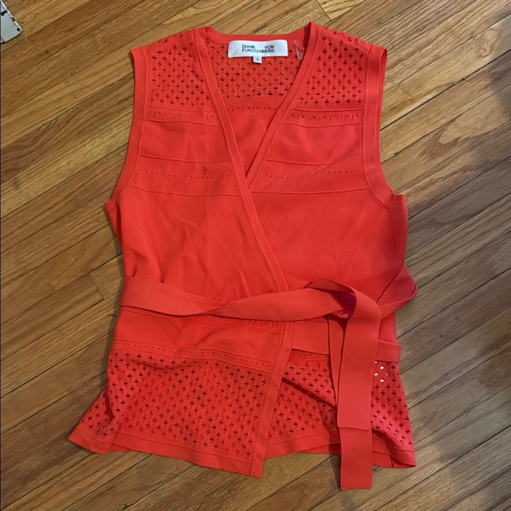 Diane Von Furstenberg Tangerine Orange Sleeveless Wrap Top Small